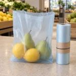 ASTM D6400 compostable produce bag sourcing concept with translucent blue film and roll