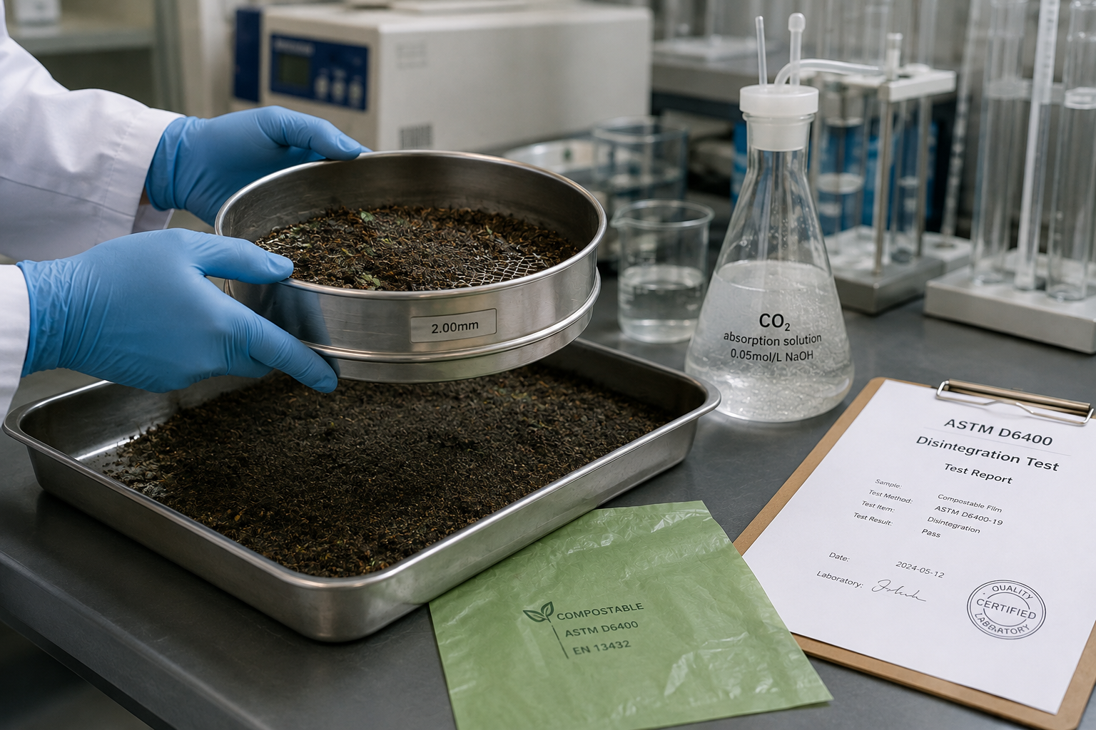 ASTM D6400 disintegration test in the laboratory
