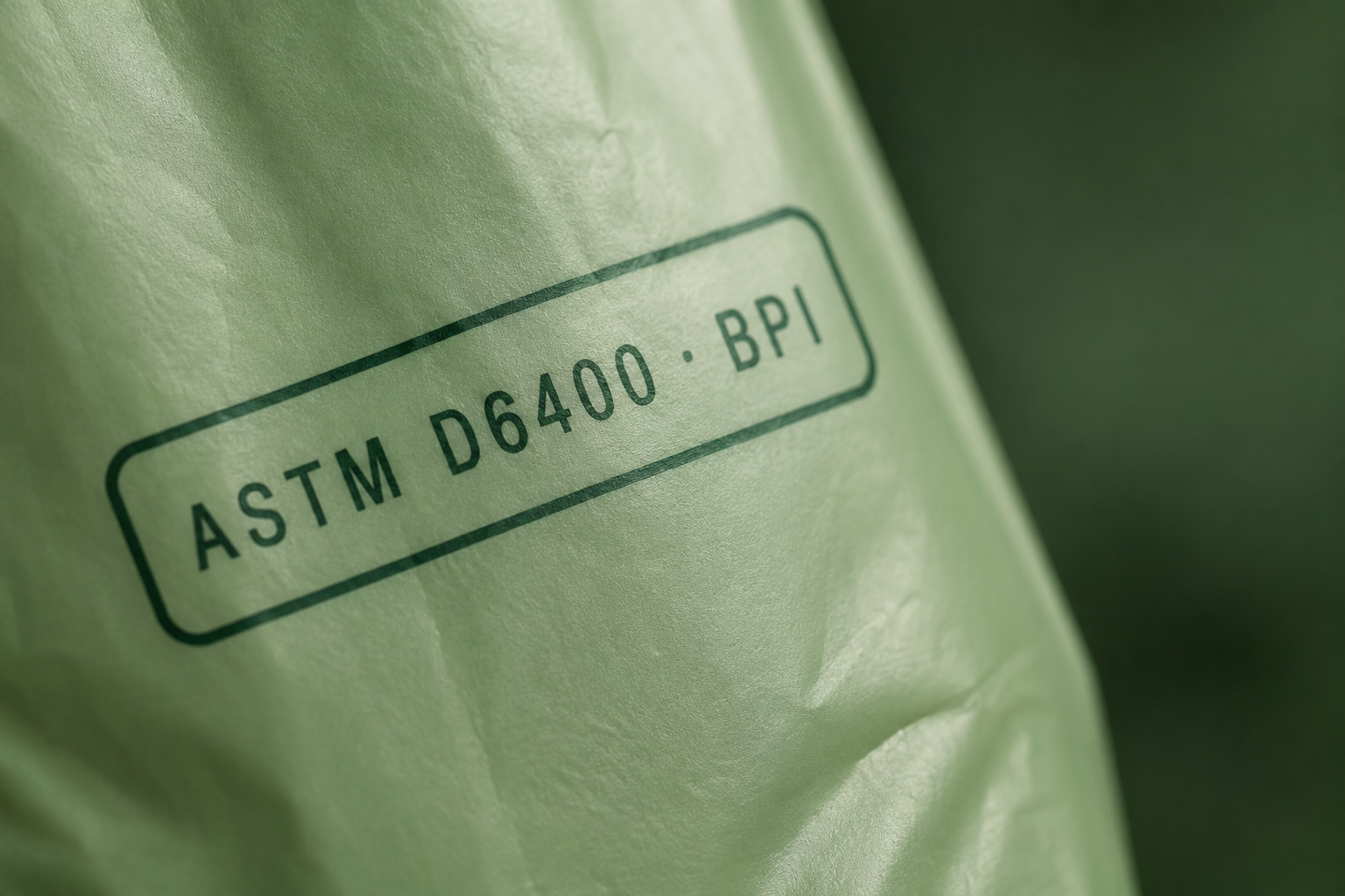 ASTM D6400 BPI mark printed on a compostable shopping bag