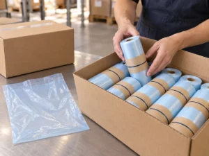 Bulk case packing of compostable produce bag rolls for supermarket supply