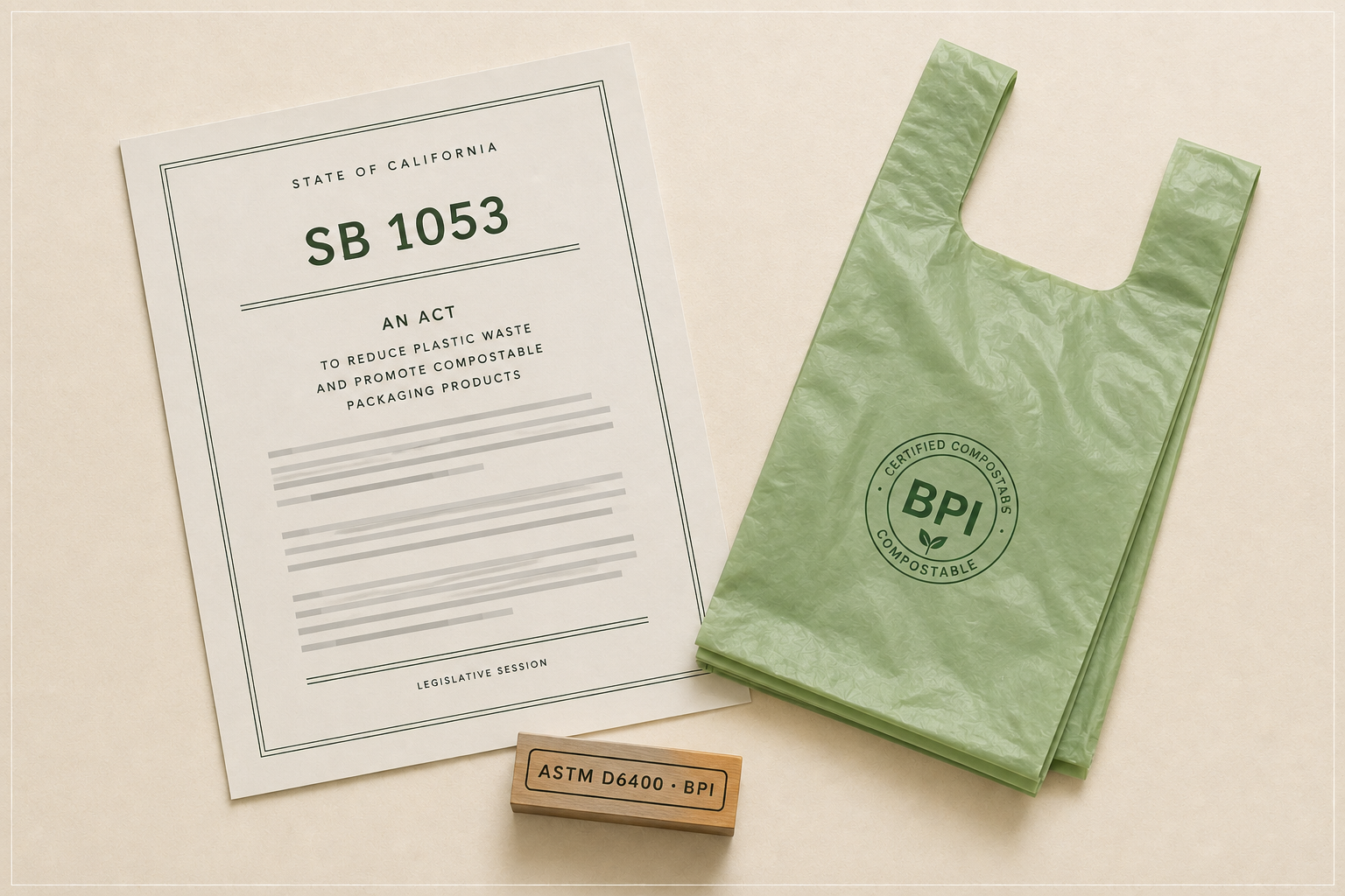SB 1053 document with compostable bag sample