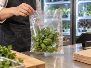 Worker lifting clear compostable food bag of herbs beside refrigerated counter