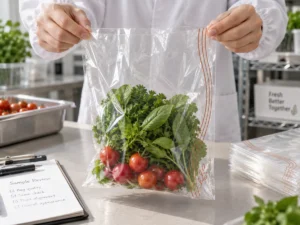 Sample handling check of clear food bag bottom seal with vegetables