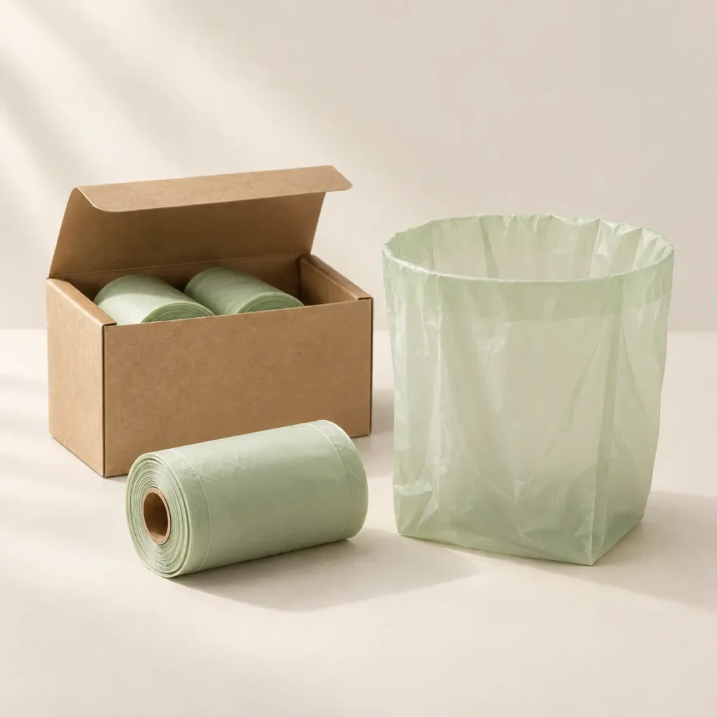 Compost bags for home composting with caddy liner roll and kraft retail carton