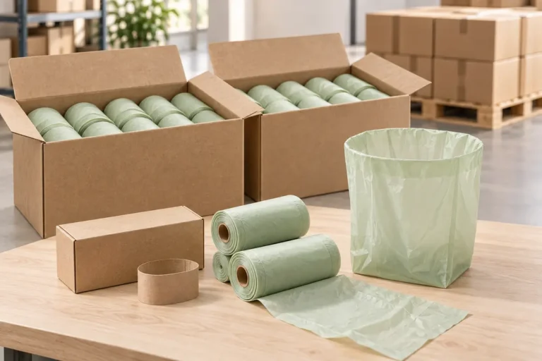 Wholesale home compostable caddy bag rolls and OEM kraft packaging in master cartons
