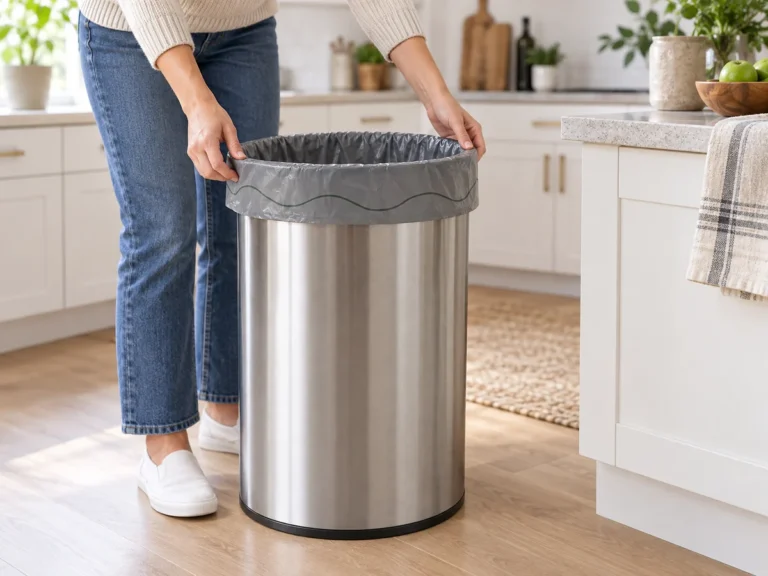 Hands fitting a graphite compostable 15-gallon liner into kitchen bin
