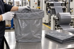 Illustrative 15-gallon compostable bag sample and bottom-seam inspection