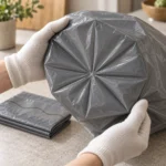 Gathered radial bottom seal construction on a 15-gallon compostable bag sample