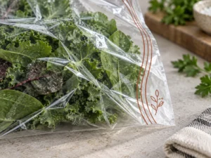 Flexible clear anti-fog food bag film and terracotta side-edge print close-up