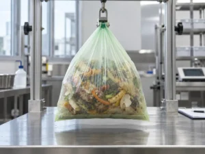Compostable food caddy bag bottom seal under a controlled wet-load test
