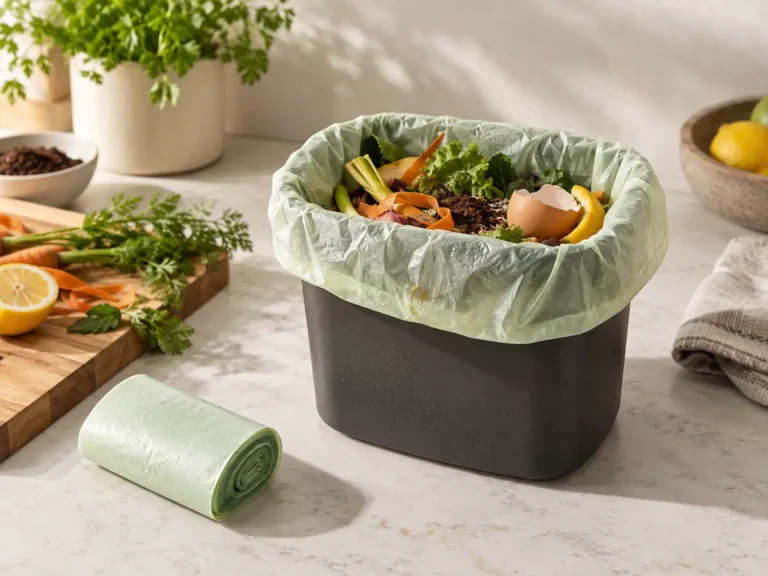 Compostable food caddy liner holding vegetable peelings and coffee grounds