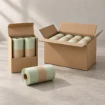 Compostable caddy liner rolls in retail and bulk packaging formats