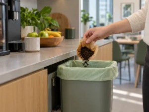 Compostable caddy liner collecting coffee grounds in an office pantry