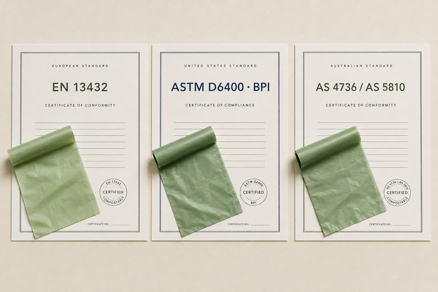 US, EU, and AU certification documents side by side