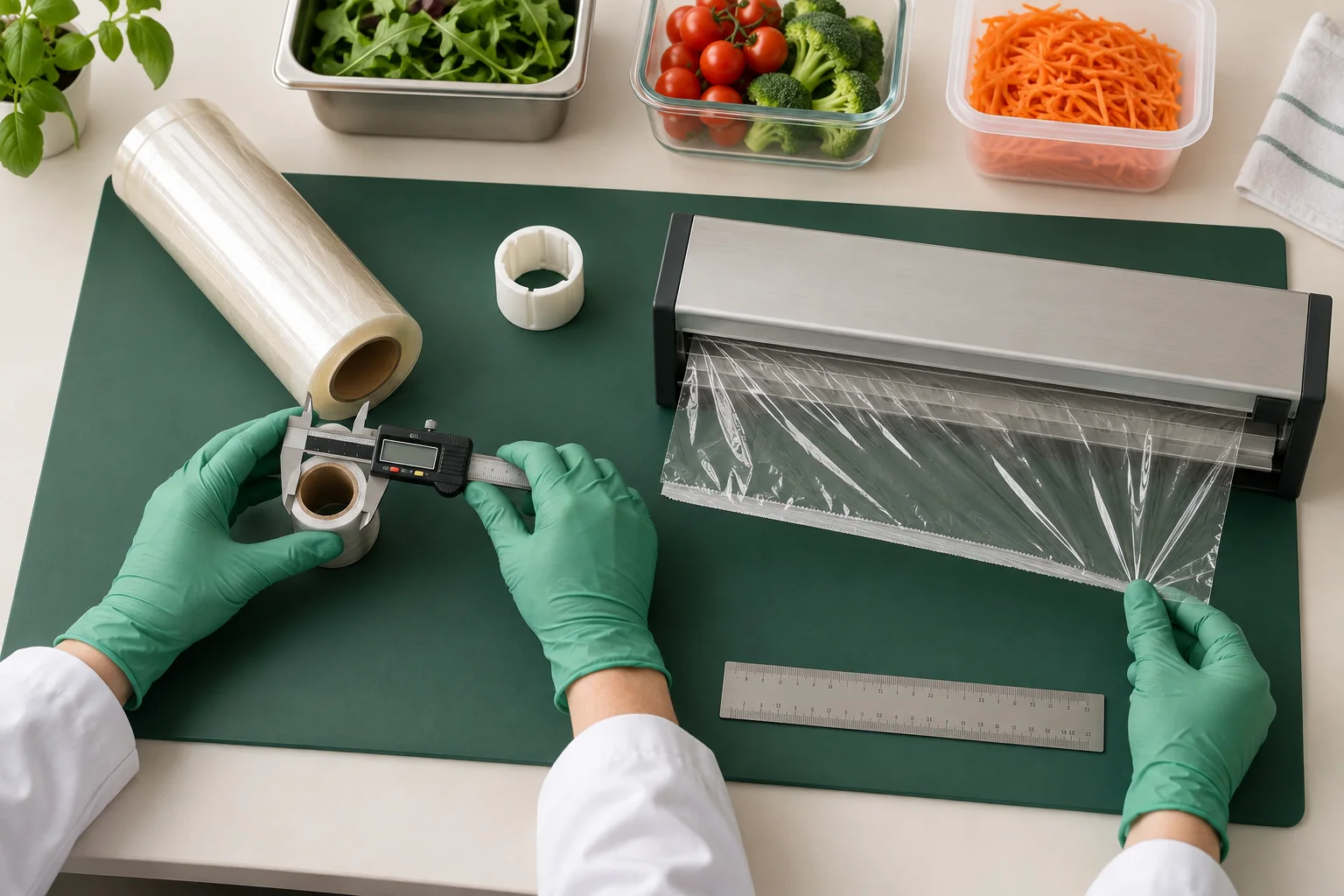 Measuring a compostable cling film core and testing its fit in a commercial dispenser