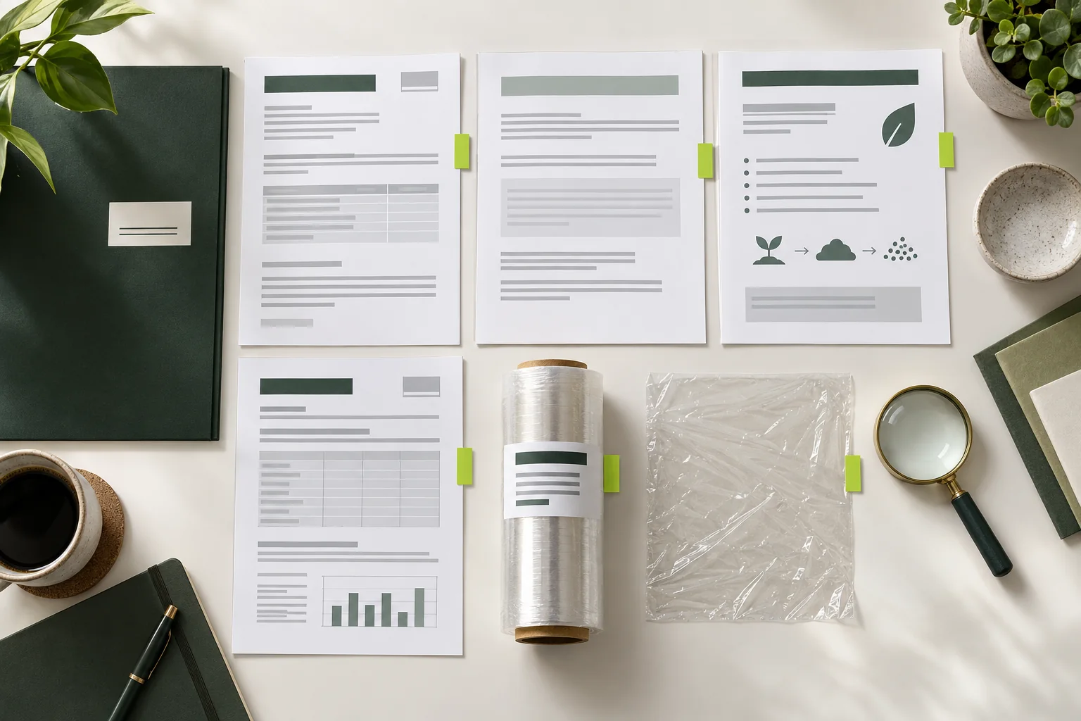 Reviewing technical, food-contact, compostability and batch documents for a finished cling-film SKU