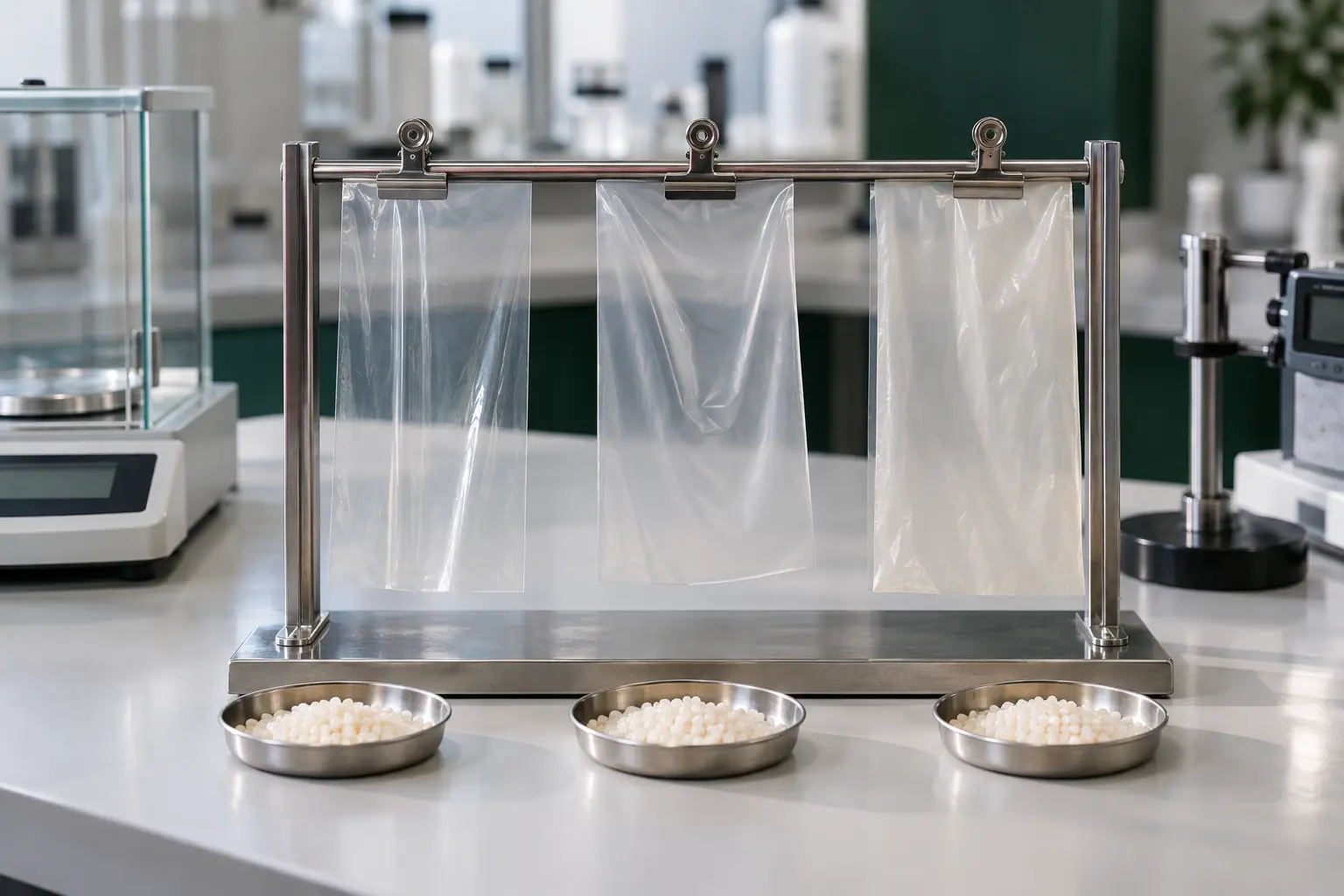 Compostable film samples showing different PLA, PBAT and starch blend profiles