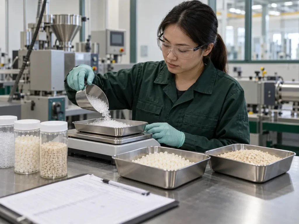 Materials technician weighing compostable polymer pellets for a custom film formulation