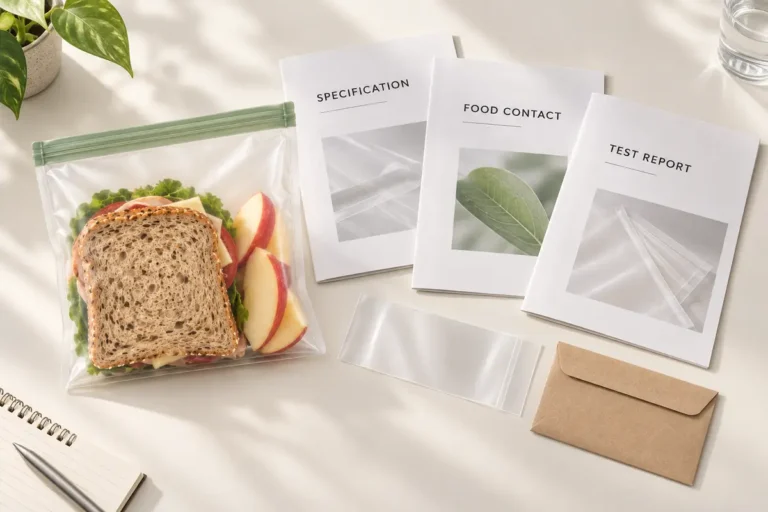 Specification, food-contact and test documents for a compostable food pouch