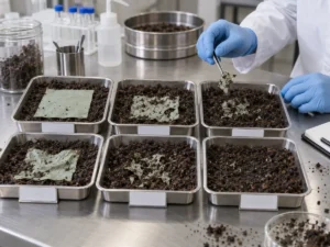 Compostable food caddy bag film specimens in a laboratory compostability test