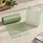 Open-top compostable food caddy bag beside perforated dispensing roll