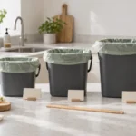 Compostable food caddy bags fitted to small kitchen bins in three sizes