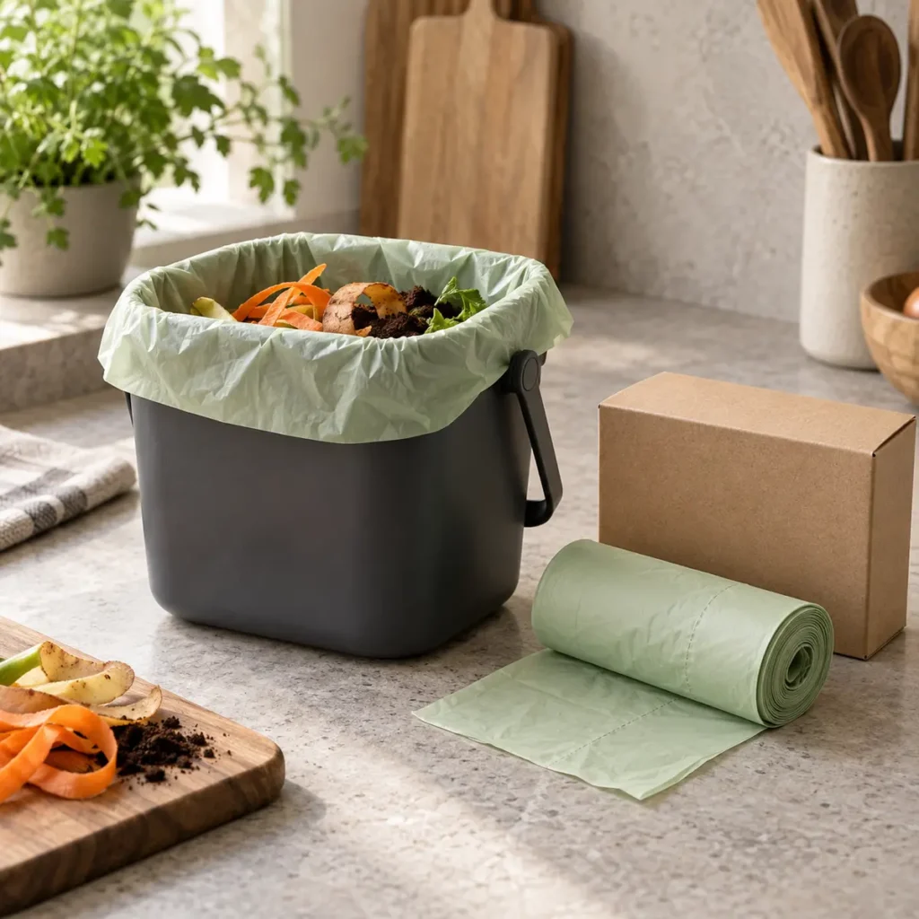 Compostable food caddy bags in a kitchen food-waste bin with roll and kraft carton