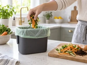 Compostable food caddy bag collecting vegetable scraps in a home kitchen
