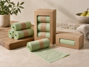 Compostable food caddy bag rolls in kraft retail packaging