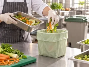 Compostable food waste caddy liner at a commercial kitchen prep station