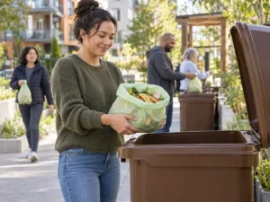 Compostable food waste bag brought to a community organics collection bin