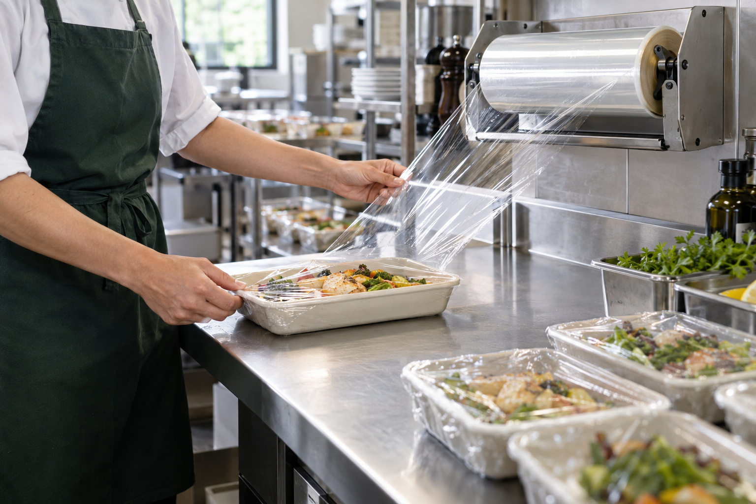 Compostable food wrap used in a professional kitchen or catering workflow