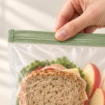 Double-track zip seal close-up on a compostable lunch pouch
