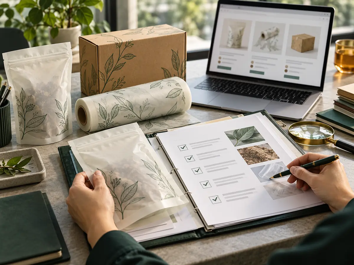 Buyer reviewing certification evidence for finished compostable packaging samples and printed components