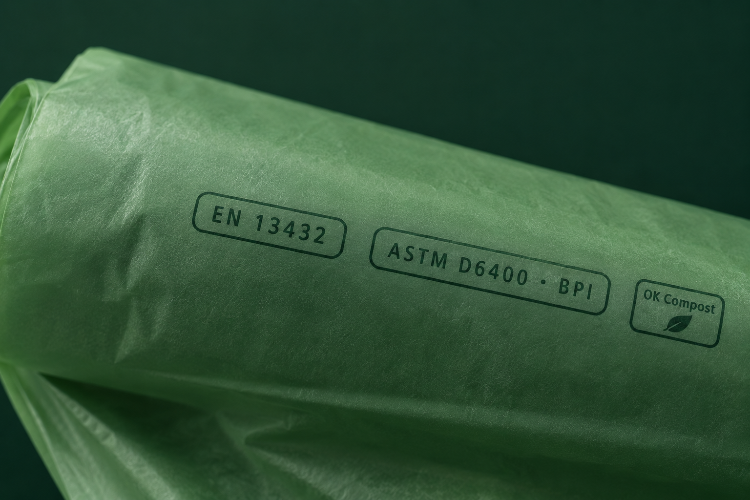 Certification marks printed on compostable film