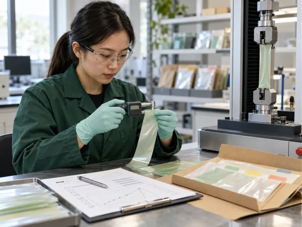 Quality engineer measuring compostable film and reviewing batch test samples