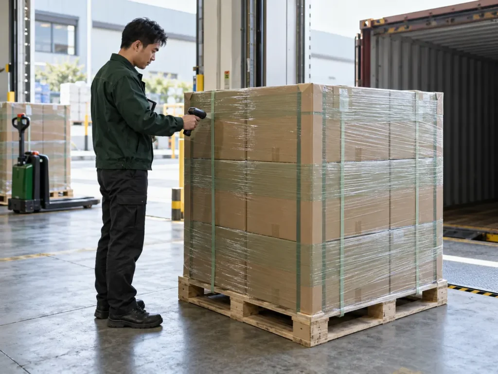Export pallet of custom compostable packaging being checked before shipment