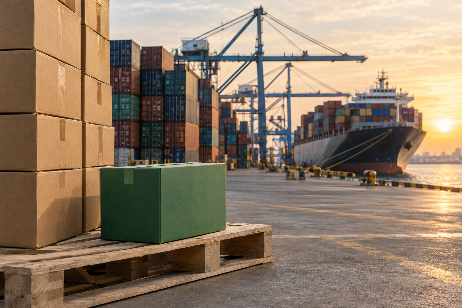 Shipping containers at port with compostable packaging carton