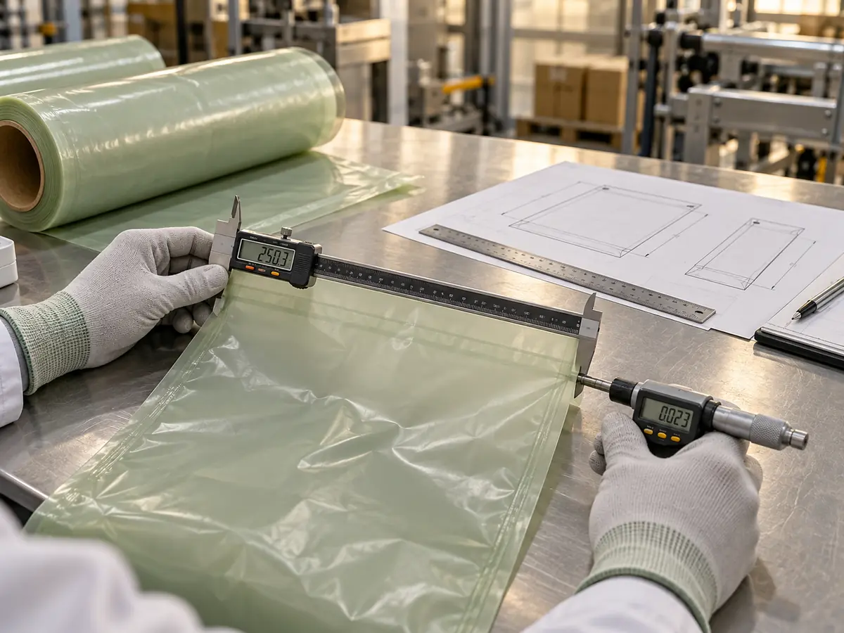 Quality engineer measuring compostable bag dimensions and film gauge with a caliper and micrometer