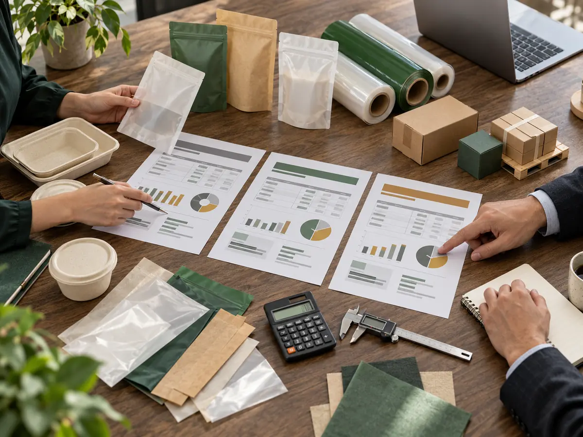 Procurement team comparing itemized compostable packaging supplier quotes, samples, cartons, and pallet plans