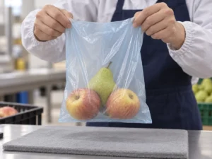 Handleless compostable produce bag bottom seal in a sample lift check