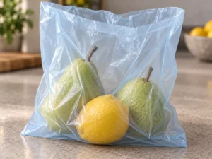 Thin translucent compostable produce-bag film showing pears and lemon