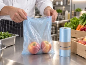 Commercial kitchen worker staging apples in a compostable produce bag