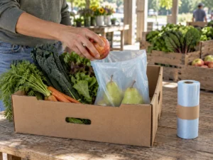 CSA produce box with a translucent compostable produce bag for fruit pickup