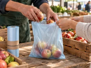 Farmer packing apples in a compostable produce bag at a farmers market