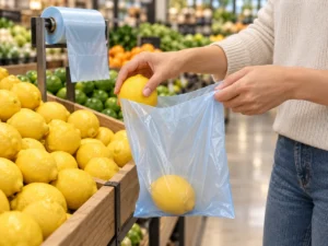 Shopper filling a roll-dispensed compostable produce bag with lemons at a grocery display