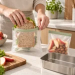 Reusable compostable sandwich and snack bags during lunch preparation