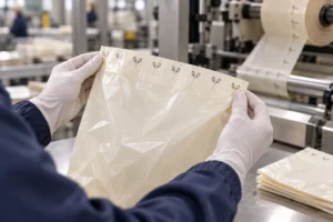 Illustrative film converting sample inspection of a printed small compostable bag