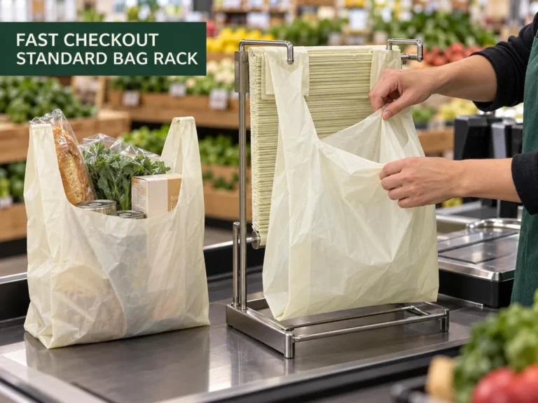 Home compostable T-shirt bag fitted to a standard checkout rack