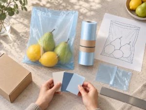 Custom mist-blue produce bag color swatches and OEM print concept at design review